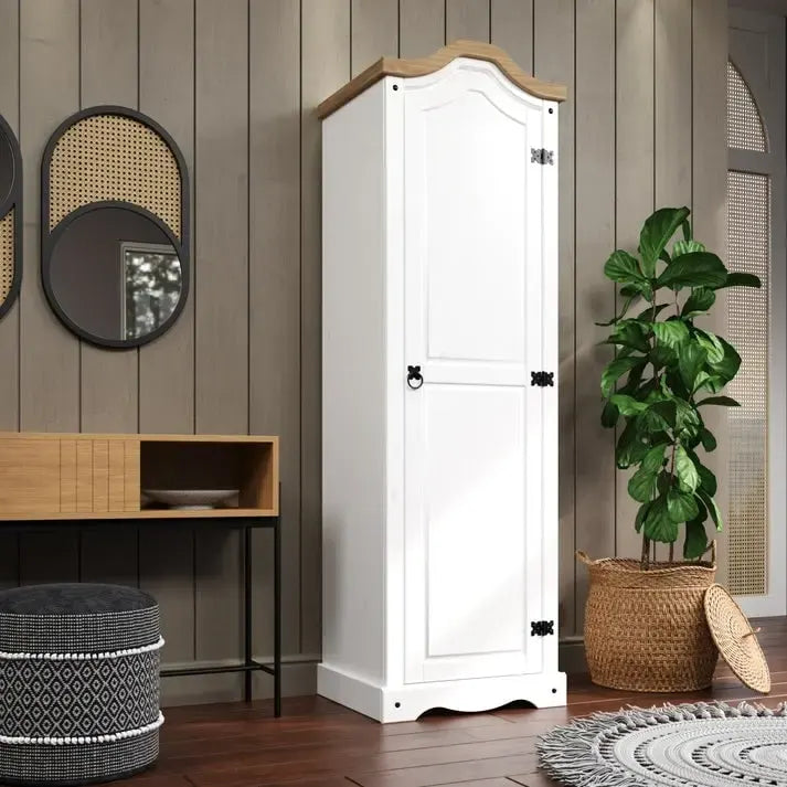 Armoire d'entrée en pin massif avec poignées métalliques, brun antique / lavis gris / lavis blanc, style rustique, 1 personne
