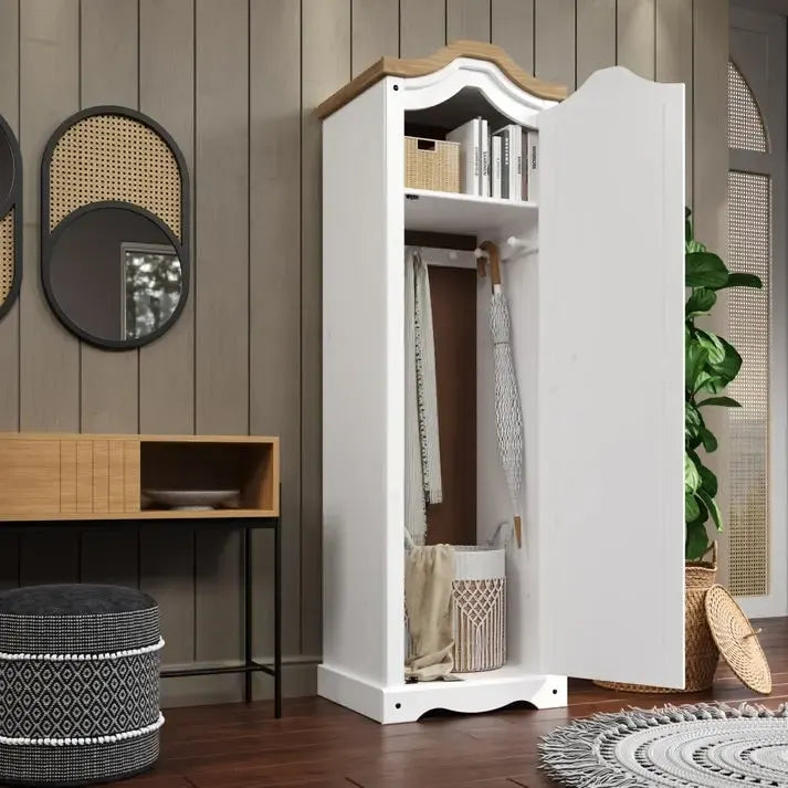 Armoire d'entrée en pin massif avec poignées métalliques, brun antique / lavis gris / lavis blanc, style rustique, 1 personne