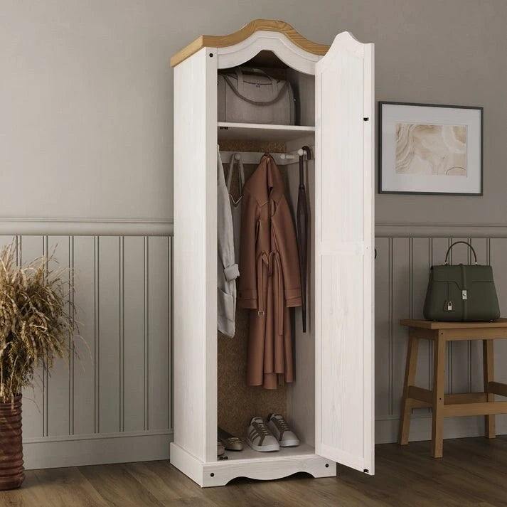 Armoire d'entrée en pin massif avec poignées métalliques, brun antique / lavis gris / lavis blanc, style rustique, 1 personne