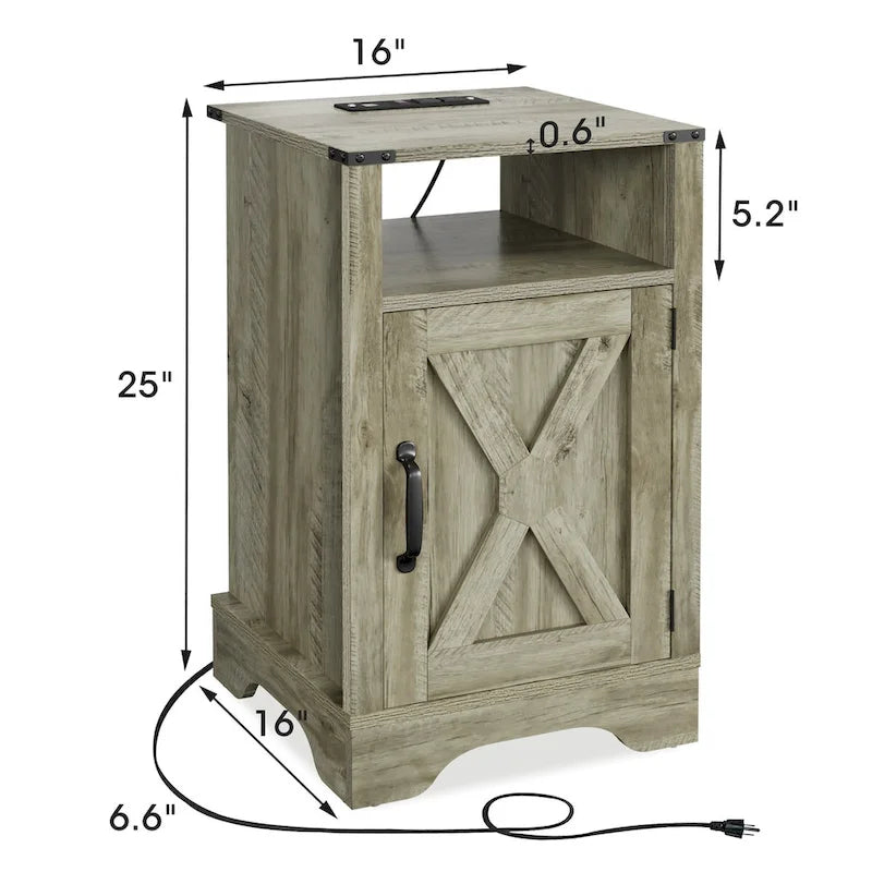 Table de chevet avec station de recharge et meuble de rangement de style porte de grange, Blanc / Blanc expresso / Gris anthracite / Amande, Style ferme, Chambre d'une personne