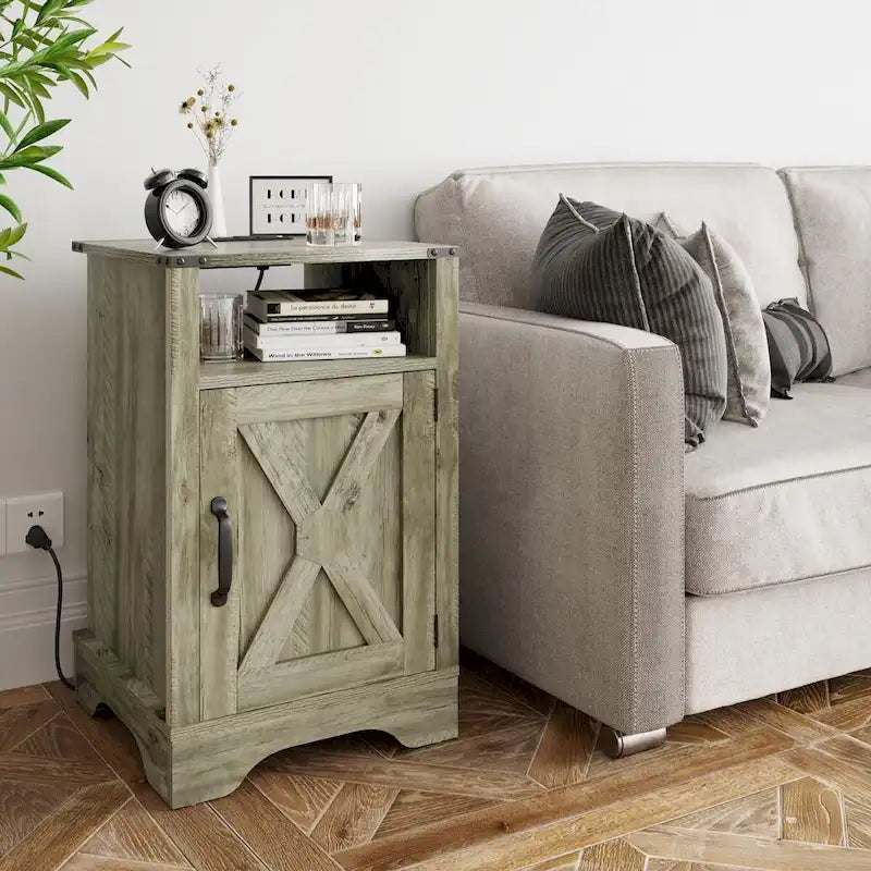 Table de chevet avec station de recharge et meuble de rangement de style porte de grange, Blanc / Blanc expresso / Gris anthracite / Amande, Style ferme, Chambre d'une personne