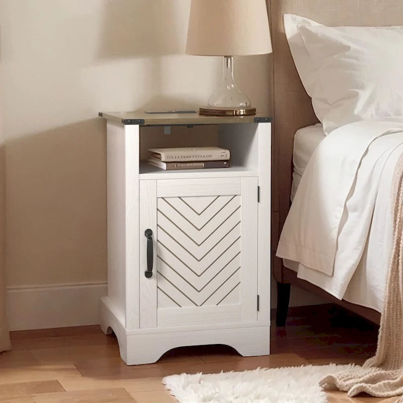 Table de chevet avec station de recharge et meuble de rangement de style porte de grange, Blanc / Blanc expresso / Gris anthracite / Amande, Style ferme, Chambre d'une personne