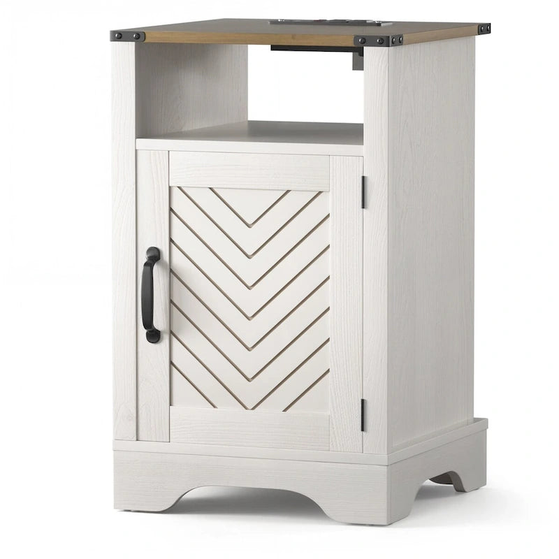 Table de chevet avec station de recharge et meuble de rangement de style porte de grange, Blanc / Blanc expresso / Gris anthracite / Amande, Style ferme, Chambre d'une personne