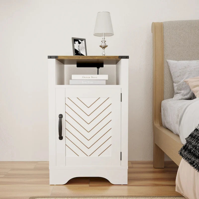 Table de chevet avec station de recharge et meuble de rangement de style porte de grange, Blanc / Blanc expresso / Gris anthracite / Amande, Style ferme, Chambre d'une personne