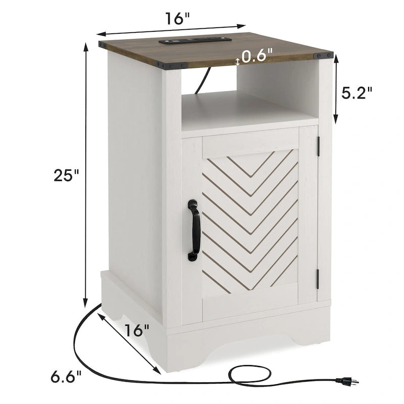 Table de chevet avec station de recharge et meuble de rangement de style porte de grange, Blanc / Blanc expresso / Gris anthracite / Amande, Style ferme, Chambre d'une personne