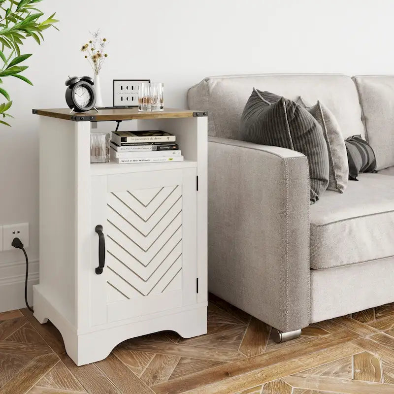 Table de chevet avec station de recharge et meuble de rangement de style porte de grange, Blanc / Blanc expresso / Gris anthracite / Amande, Style ferme, Chambre d'une personne