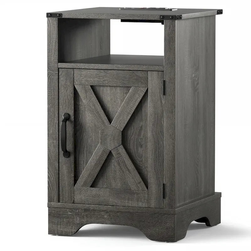 Table de chevet avec station de recharge et meuble de rangement de style porte de grange, Blanc / Blanc expresso / Gris anthracite / Amande, Style ferme, Chambre d'une personne