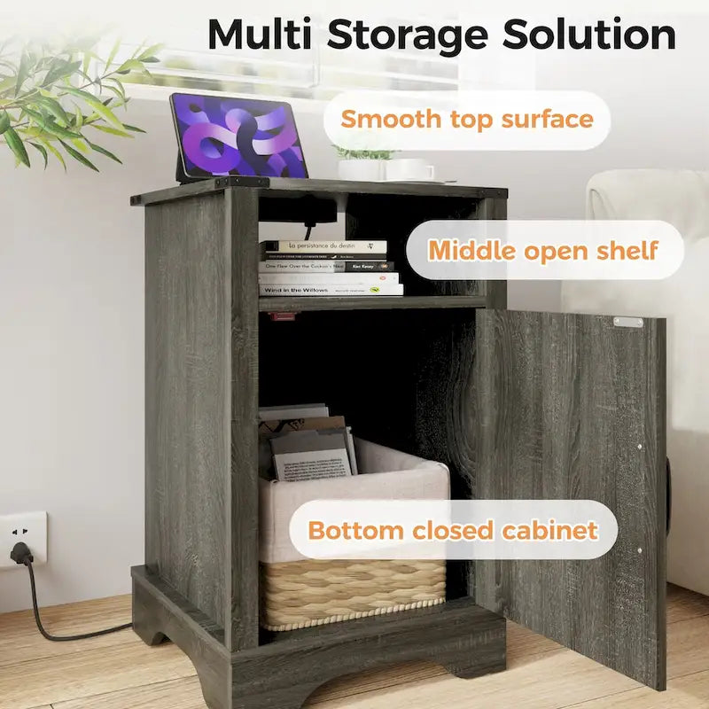 Table de chevet avec station de recharge et meuble de rangement de style porte de grange, Blanc / Blanc expresso / Gris anthracite / Amande, Style ferme, Chambre d'une personne