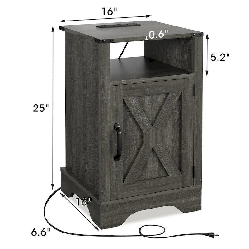 Table de chevet avec station de recharge et meuble de rangement de style porte de grange, Blanc / Blanc expresso / Gris anthracite / Amande, Style ferme, Chambre d'une personne