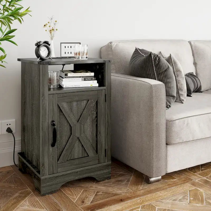 Table de chevet avec station de recharge et meuble de rangement de style porte de grange, Blanc / Blanc expresso / Gris anthracite / Amande, Style ferme, Chambre d'une personne