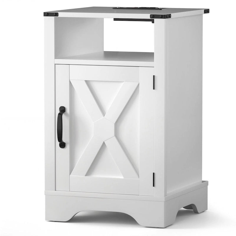 Table de chevet avec station de recharge et meuble de rangement de style porte de grange, Blanc / Blanc expresso / Gris anthracite / Amande, Style ferme, Chambre d'une personne