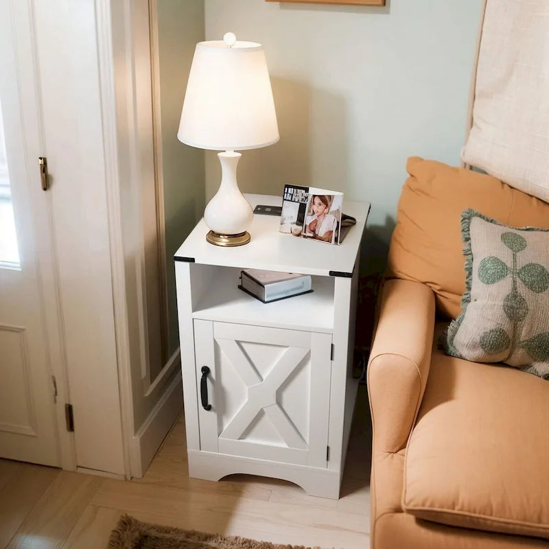 Table de chevet avec station de recharge et meuble de rangement de style porte de grange, Blanc / Blanc expresso / Gris anthracite / Amande, Style ferme, Chambre d'une personne