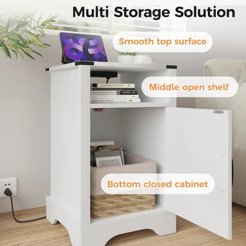 Table de chevet avec station de recharge et meuble de rangement de style porte de grange, Blanc / Blanc expresso / Gris anthracite / Amande, Style ferme, Chambre d'une personne