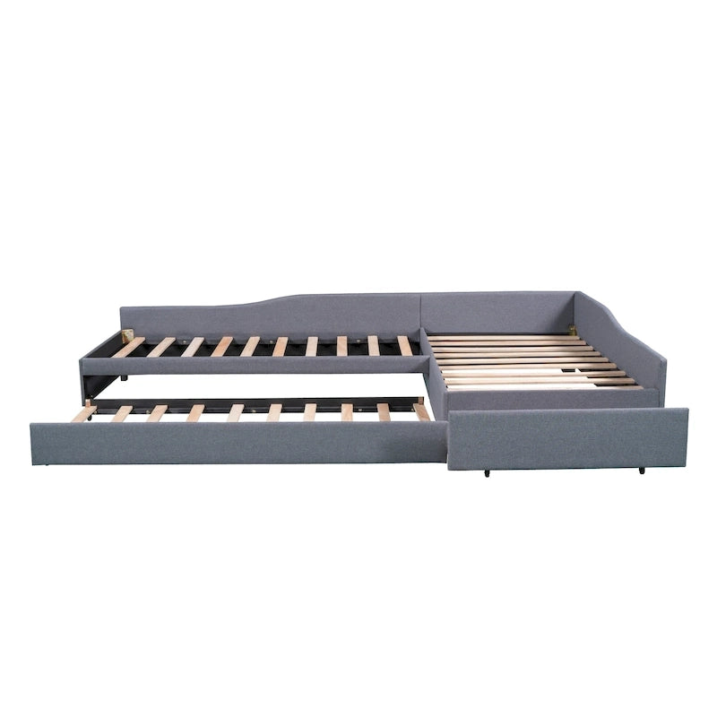 Lit de repos gigogne capitonné en lin pour 2 personnes, vert/gris, style moderne, 3 places