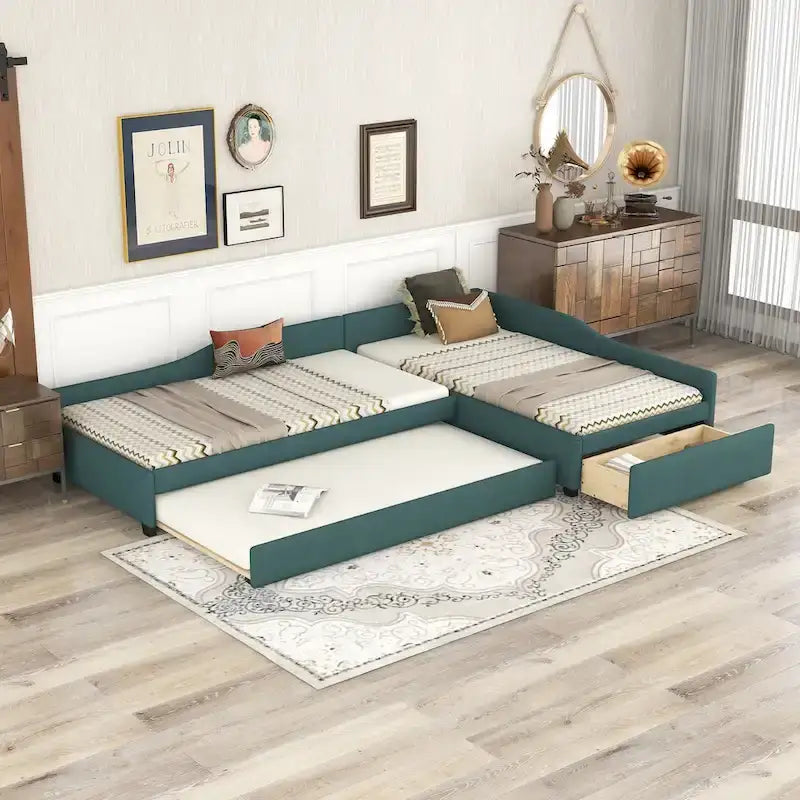 Lit de repos gigogne capitonné en lin pour 2 personnes, vert/gris, style moderne, 3 places