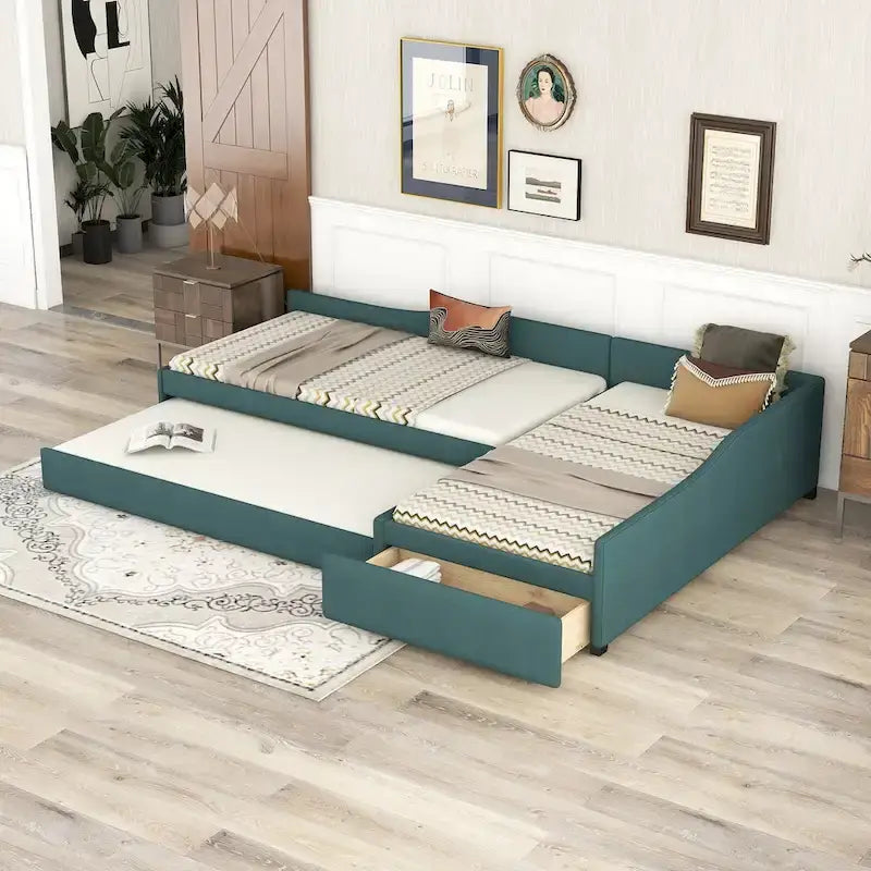 Lit de repos gigogne capitonné en lin pour 2 personnes, vert/gris, style moderne, 3 places