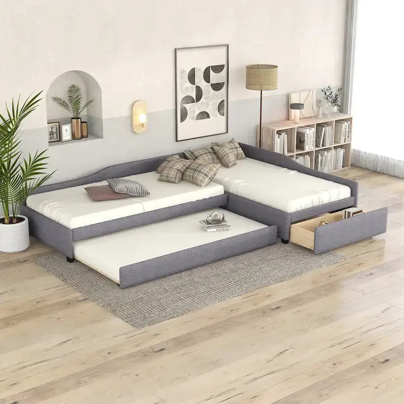 Lit de repos gigogne capitonné en lin pour 2 personnes, vert/gris, style moderne, 3 places