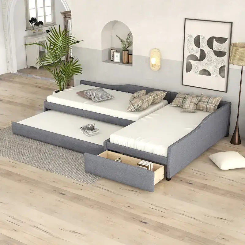Lit de repos gigogne capitonné en lin pour 2 personnes, vert/gris, style moderne, 3 places