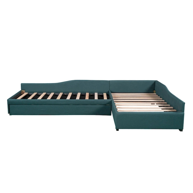 Lit de repos gigogne capitonné en lin pour 2 personnes, vert/gris, style moderne, 3 places