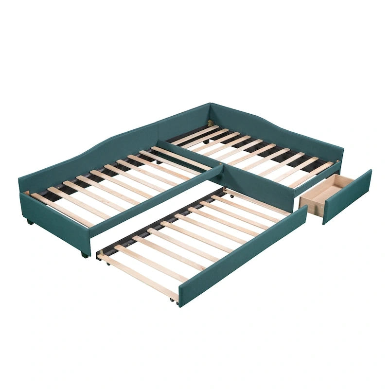 Lit de repos gigogne capitonné en lin pour 2 personnes, vert/gris, style moderne, 3 places
