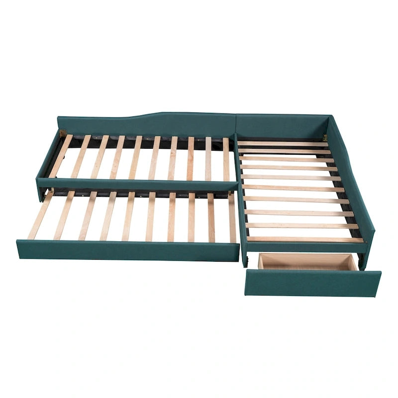 Lit de repos gigogne capitonné en lin pour 2 personnes, vert/gris, style moderne, 3 places