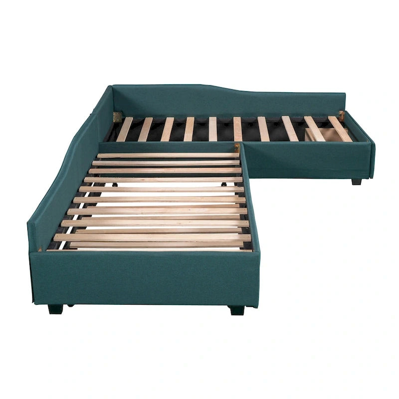 Lit de repos gigogne capitonné en lin pour 2 personnes, vert/gris, style moderne, 3 places