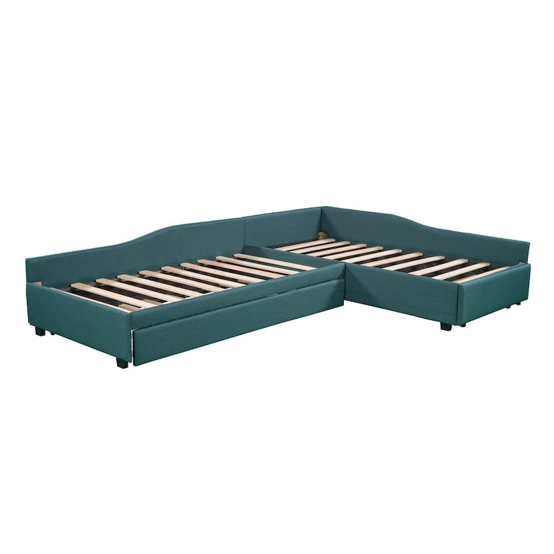 Lit de repos gigogne capitonné en lin pour 2 personnes, vert/gris, style moderne, 3 places