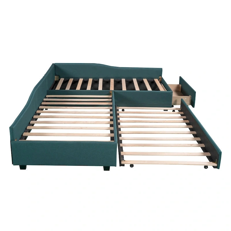 Lit de repos gigogne capitonné en lin pour 2 personnes, vert/gris, style moderne, 3 places