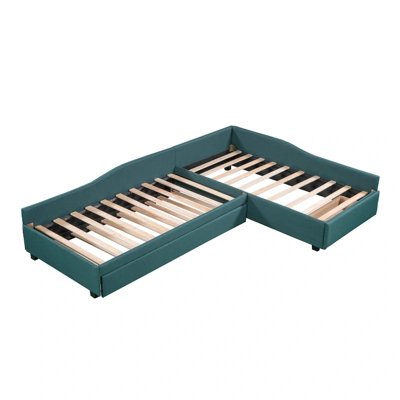 Lit de repos gigogne capitonné en lin pour 2 personnes, vert/gris, style moderne, 3 places