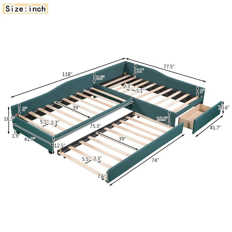 Lit de repos gigogne capitonné en lin pour 2 personnes, vert/gris, style moderne, 3 places