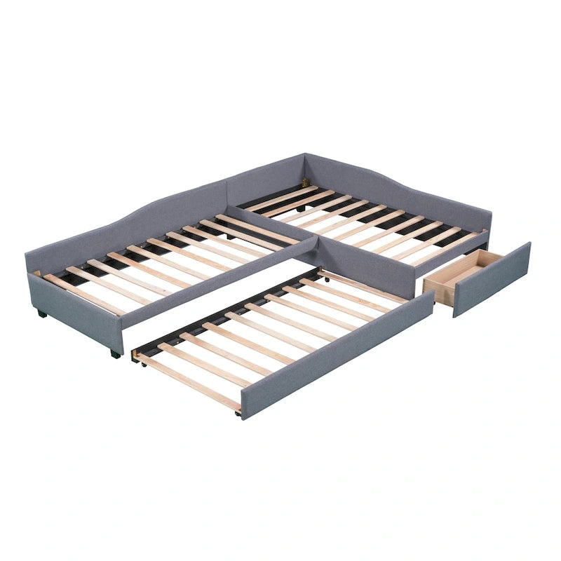 Lit de repos gigogne capitonné en lin pour 2 personnes, vert/gris, style moderne, 3 places
