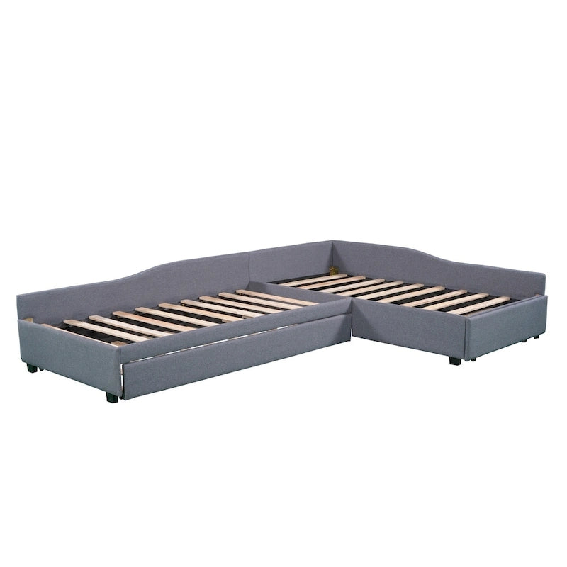 Lit de repos gigogne capitonné en lin pour 2 personnes, vert/gris, style moderne, 3 places