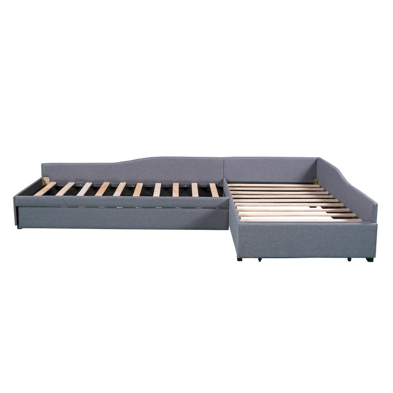 Lit de repos gigogne capitonné en lin pour 2 personnes, vert/gris, style moderne, 3 places