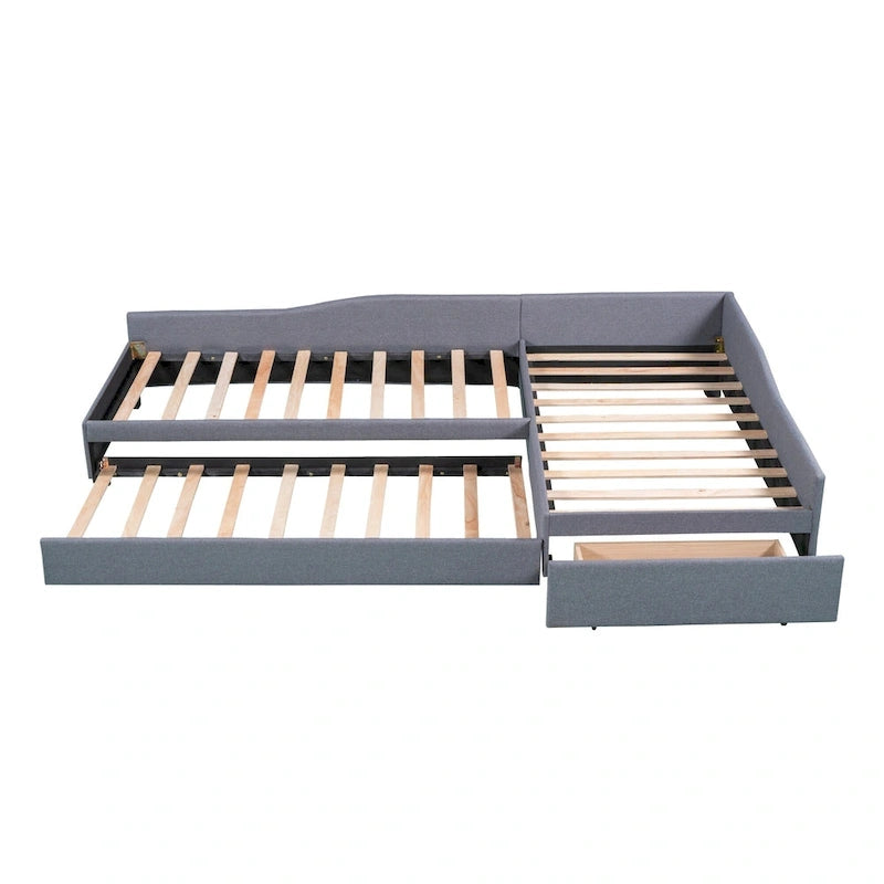 Lit de repos gigogne capitonné en lin pour 2 personnes, vert/gris, style moderne, 3 places