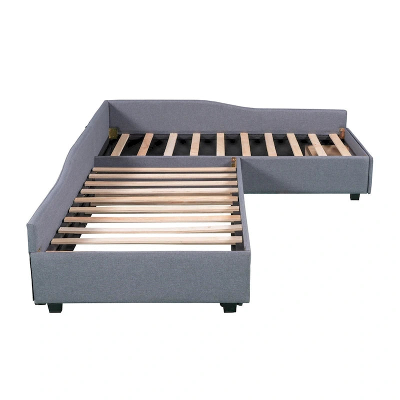 Lit de repos gigogne capitonné en lin pour 2 personnes, vert/gris, style moderne, 3 places