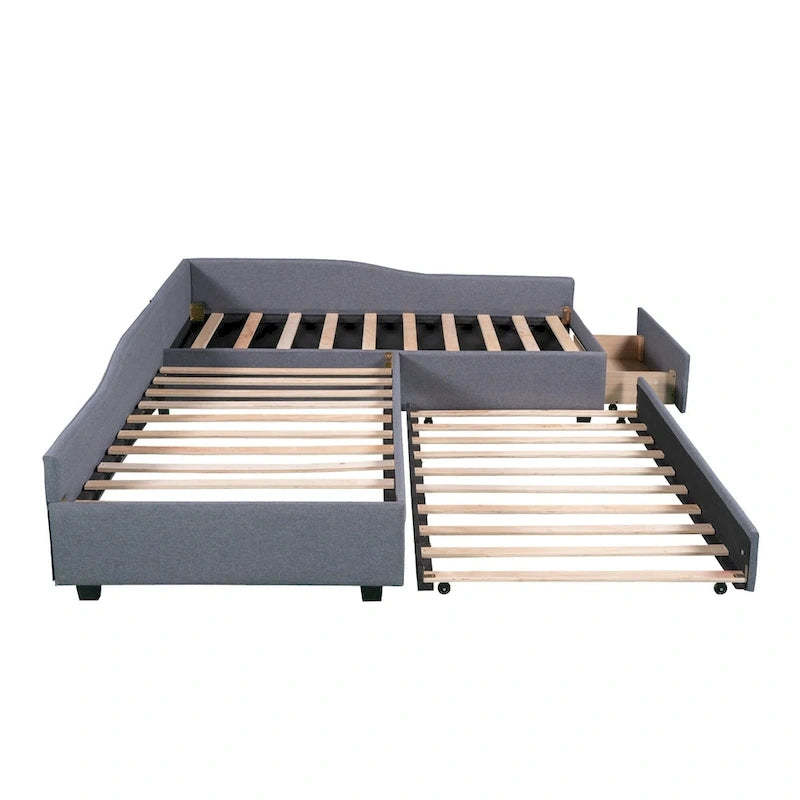 Lit de repos gigogne capitonné en lin pour 2 personnes, vert/gris, style moderne, 3 places