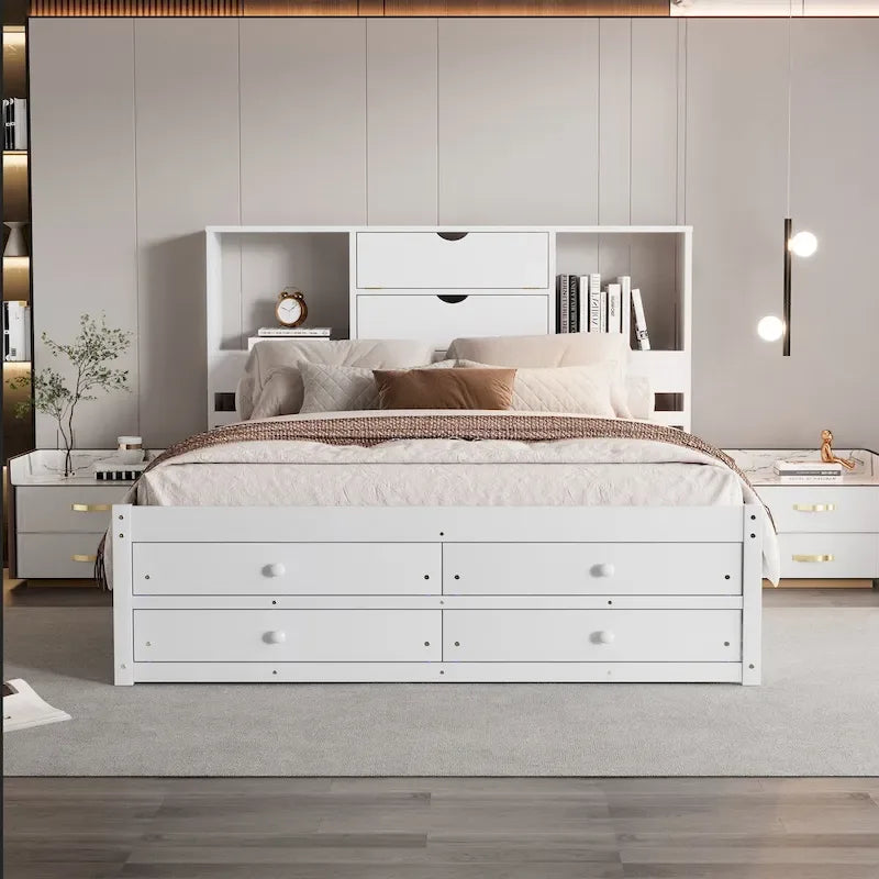 Lit plateforme double queen gris/blanc avec tête de lit de rangement et 8 tiroirs
