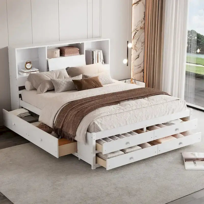 Lit plateforme double queen gris/blanc avec tête de lit de rangement et 8 tiroirs