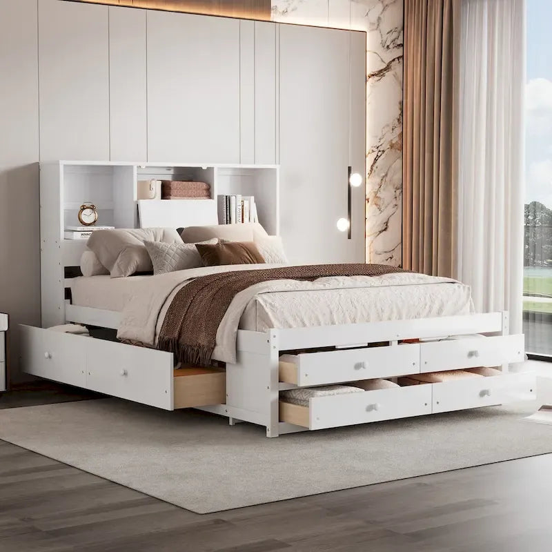 Lit plateforme double queen gris/blanc avec tête de lit de rangement et 8 tiroirs