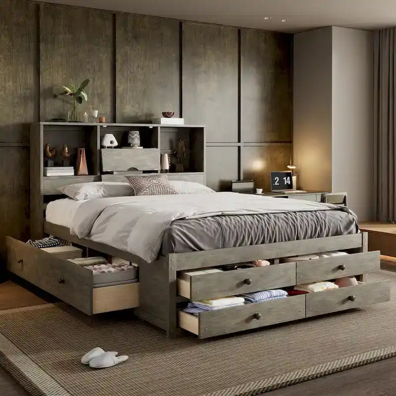 Lit plateforme double queen gris/blanc avec tête de lit de rangement et 8 tiroirs