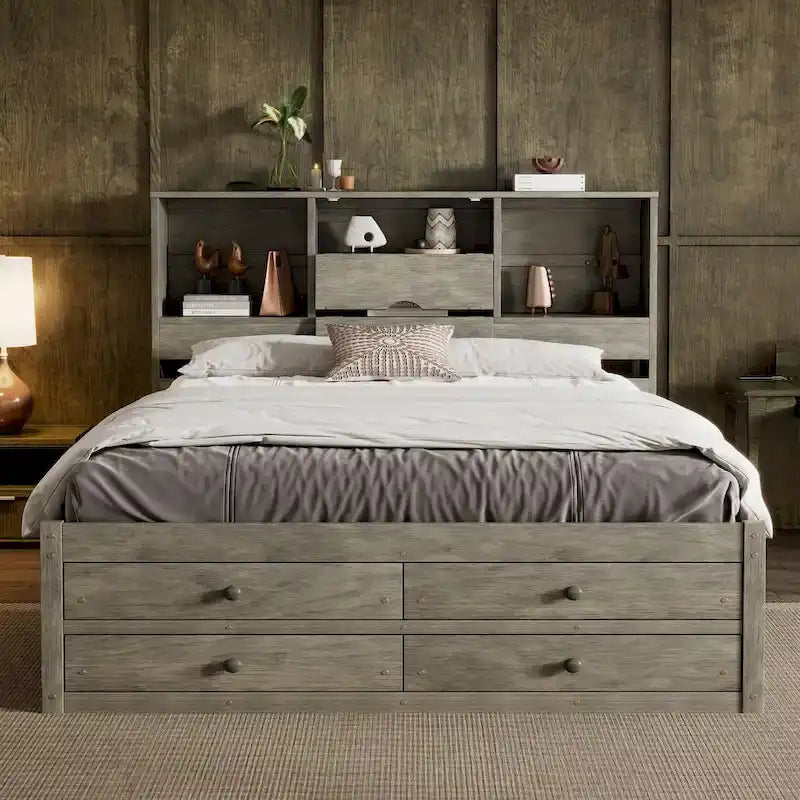 Lit plateforme double queen gris/blanc avec tête de lit de rangement et 8 tiroirs