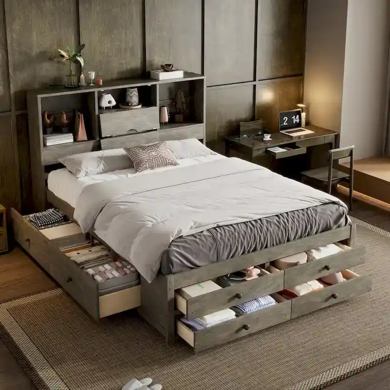 Lit plateforme double queen gris/blanc avec tête de lit de rangement et 8 tiroirs