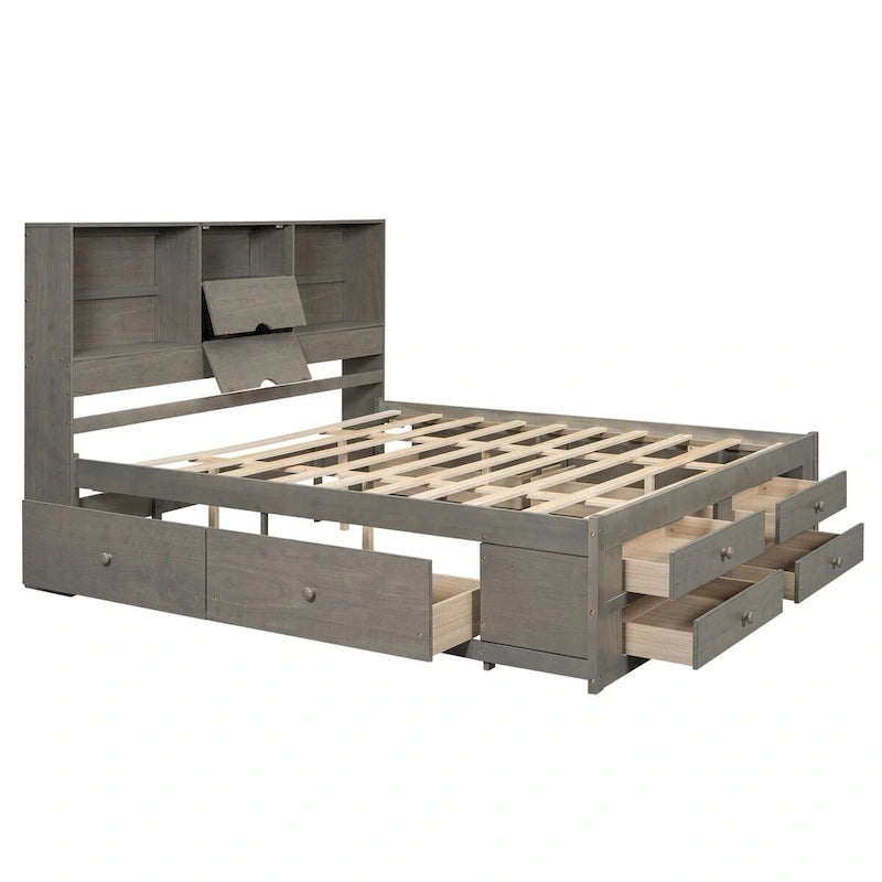 Lit plateforme double queen gris/blanc avec tête de lit de rangement et 8 tiroirs