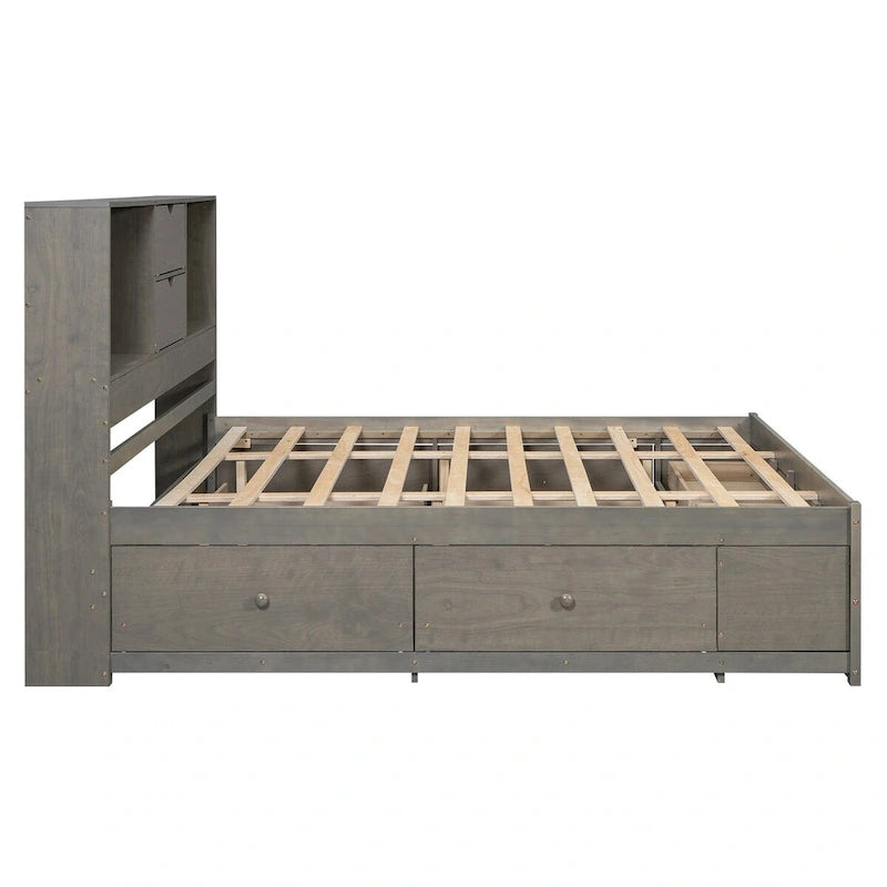 Lit plateforme double queen gris/blanc avec tête de lit de rangement et 8 tiroirs