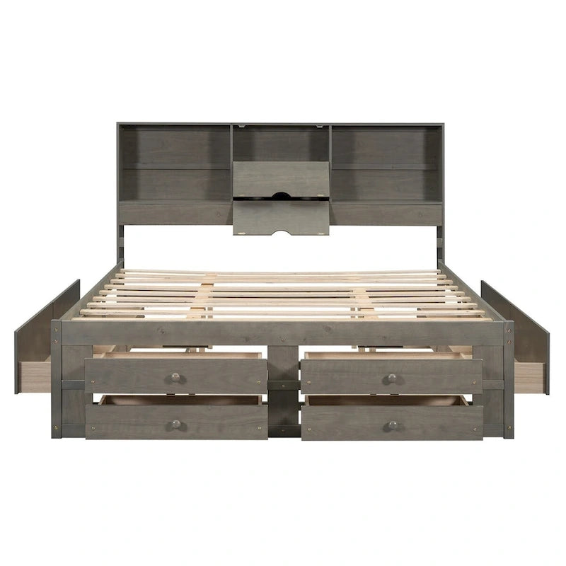 Lit plateforme double queen gris/blanc avec tête de lit de rangement et 8 tiroirs