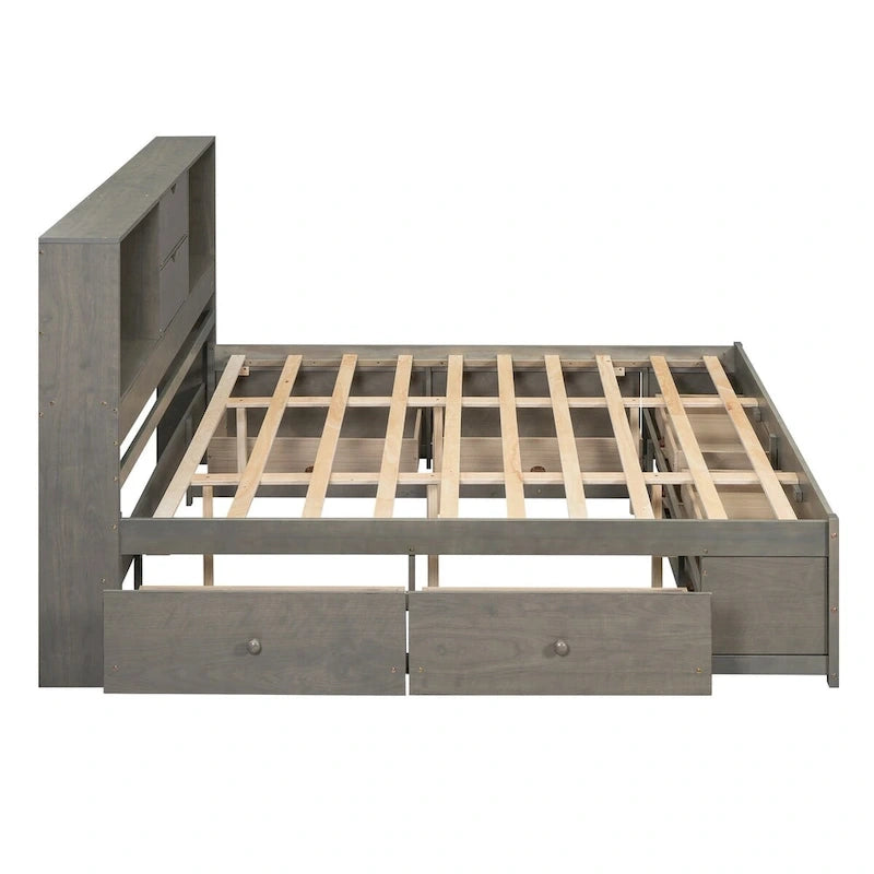 Lit plateforme double queen gris/blanc avec tête de lit de rangement et 8 tiroirs