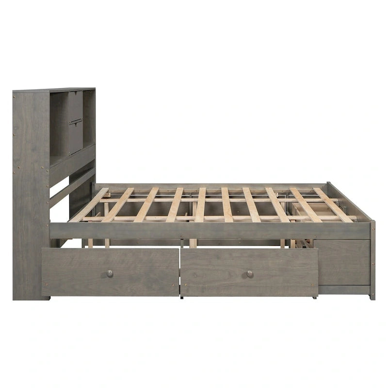 Lit plateforme double queen gris/blanc avec tête de lit de rangement et 8 tiroirs