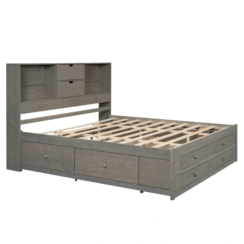 Lit plateforme double queen gris/blanc avec tête de lit de rangement et 8 tiroirs