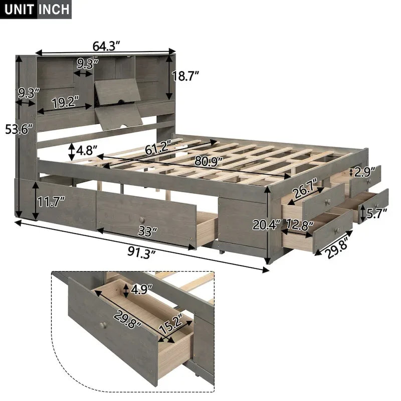 Lit plateforme double queen gris/blanc avec tête de lit de rangement et 8 tiroirs