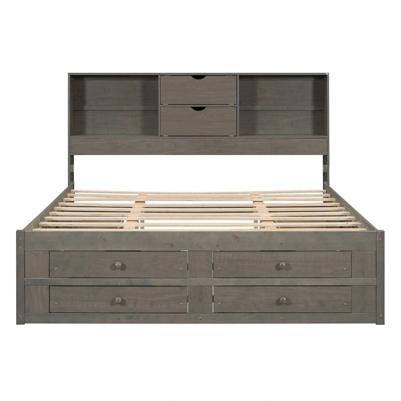 Lit plateforme double queen gris/blanc avec tête de lit de rangement et 8 tiroirs